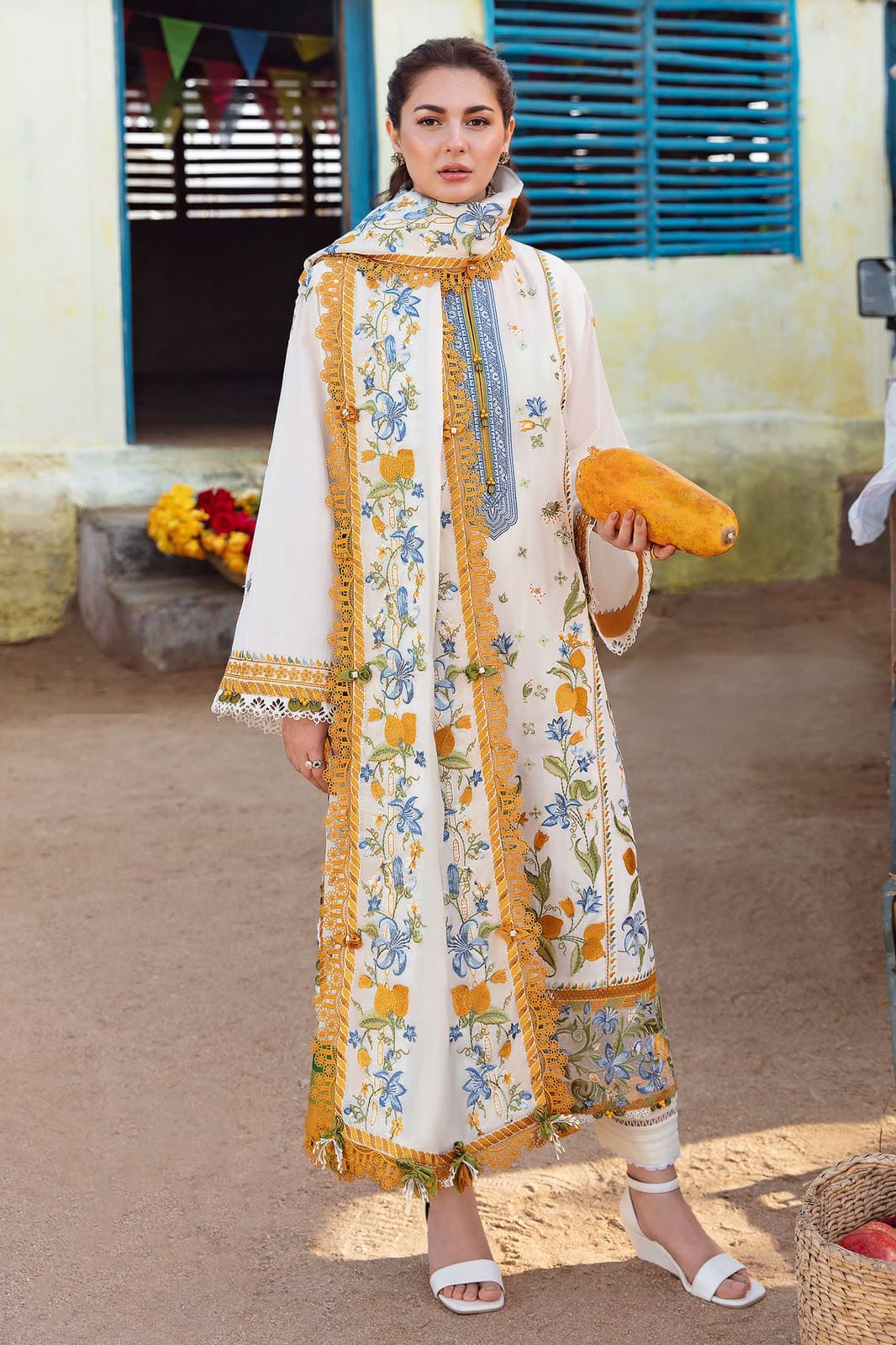 Ivory Botanical Dhanak — 3-Piece Unstitched Suit; model styling view 4.