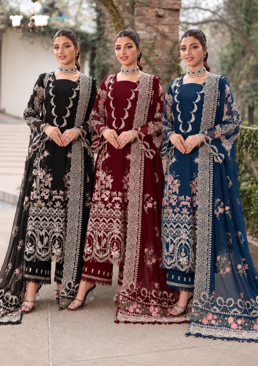 Cutwork Shawl Dhanak — 3-Piece Unstitched Suit in Navy; supplied design and embroidery detail 1.