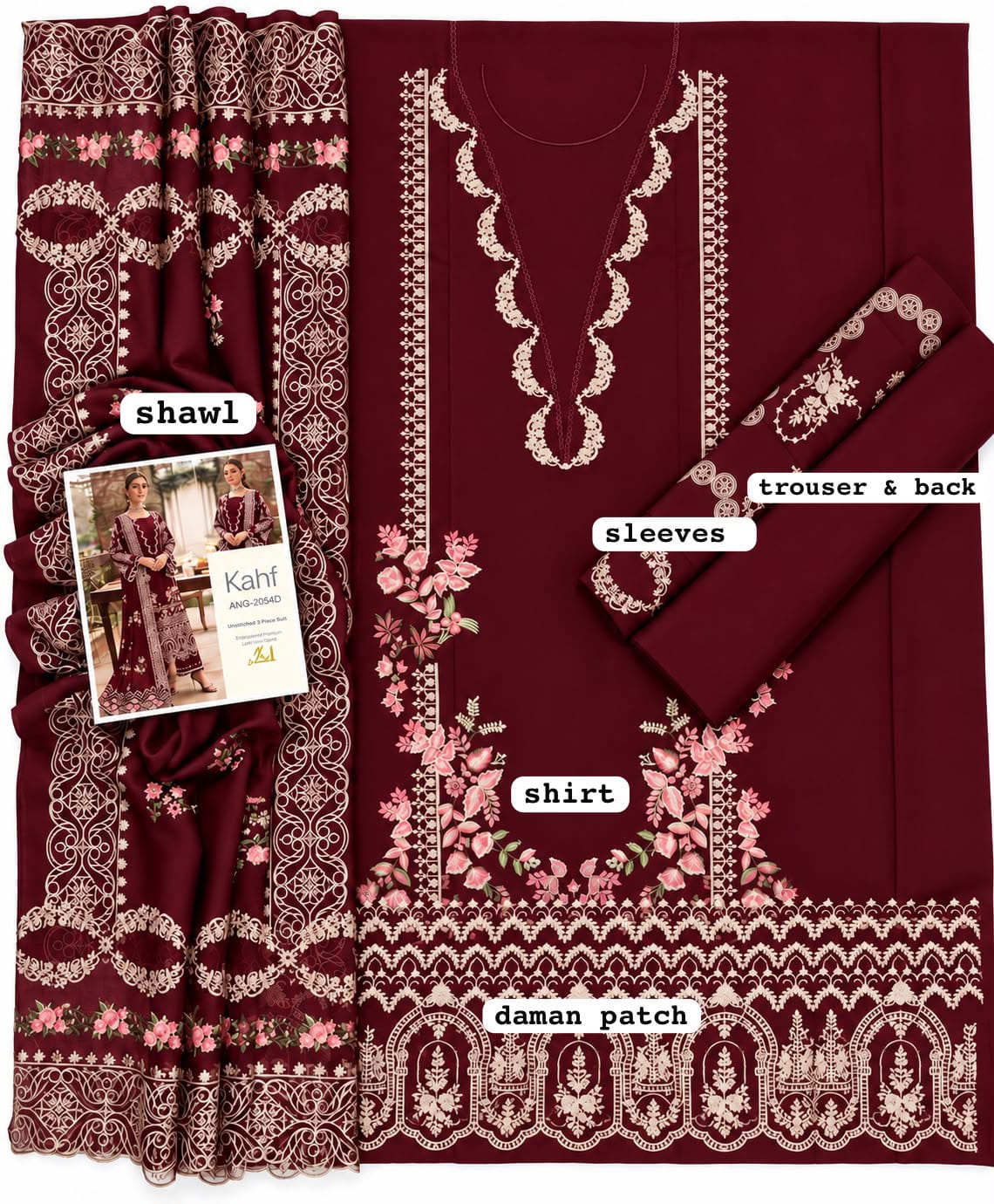Cutwork Shawl Dhanak — 3-Piece Unstitched Suit in Maroon; supplied design and embroidery detail 2.