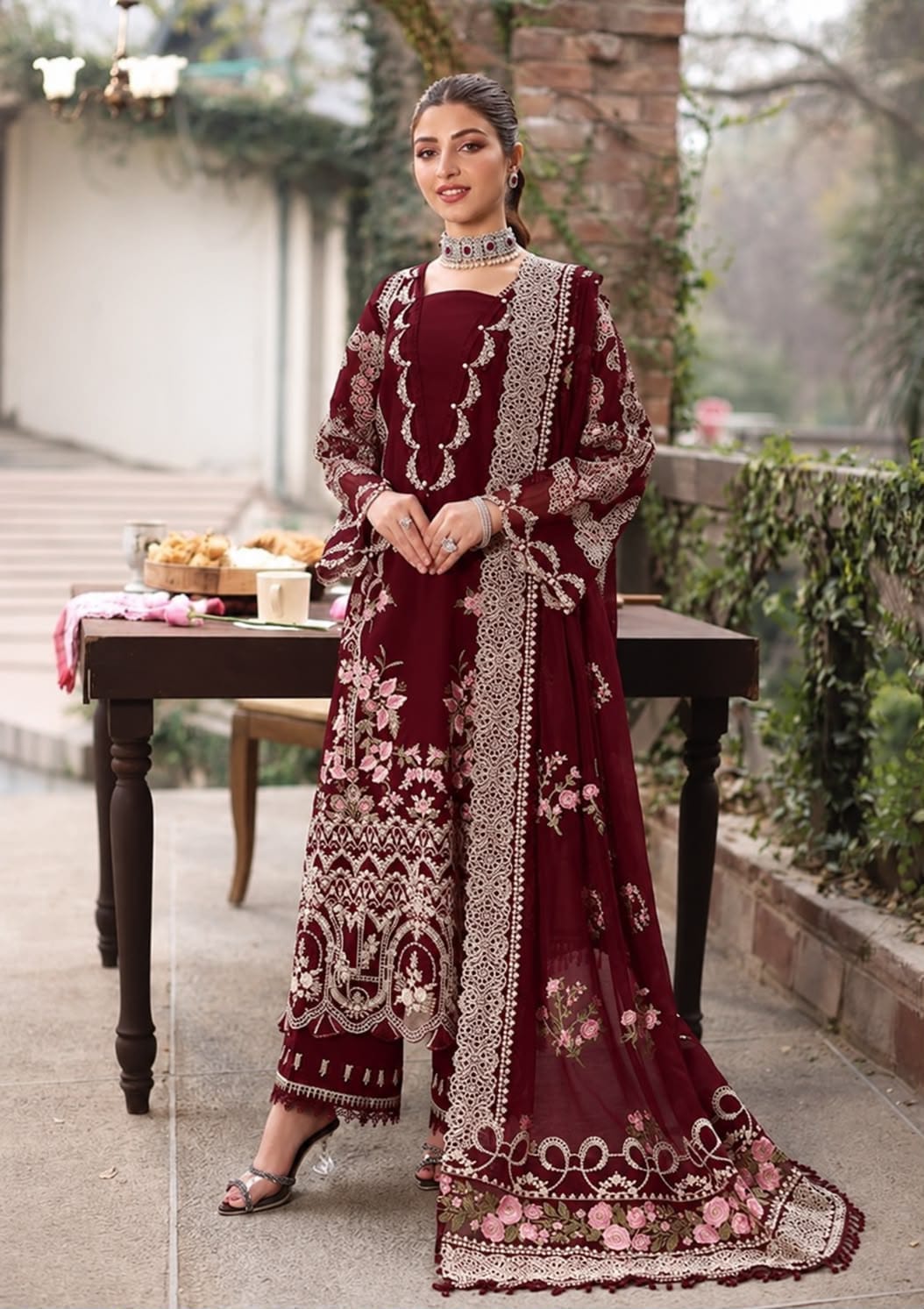 Cutwork Shawl Dhanak — 3-Piece Unstitched Suit; model styling view 3.