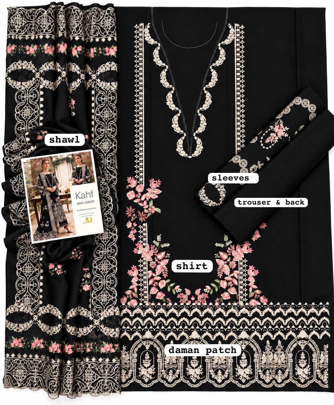 Cutwork Shawl Dhanak — 3-Piece Unstitched Suit in Black; supplied design and embroidery detail 4.