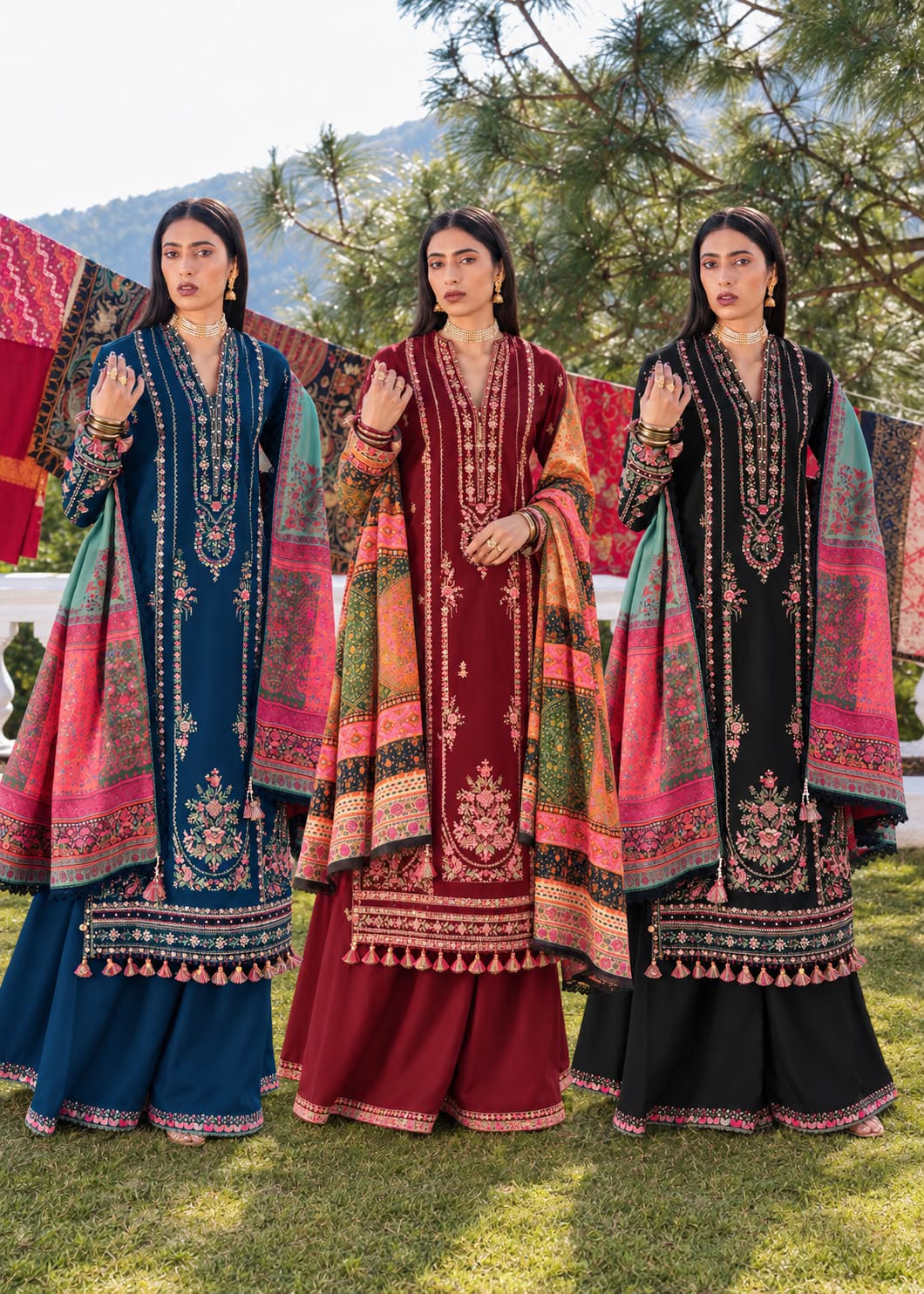 Floral Shawl Dhanak — 3-Piece Unstitched Suit; supplied design and embroidery detail 2.