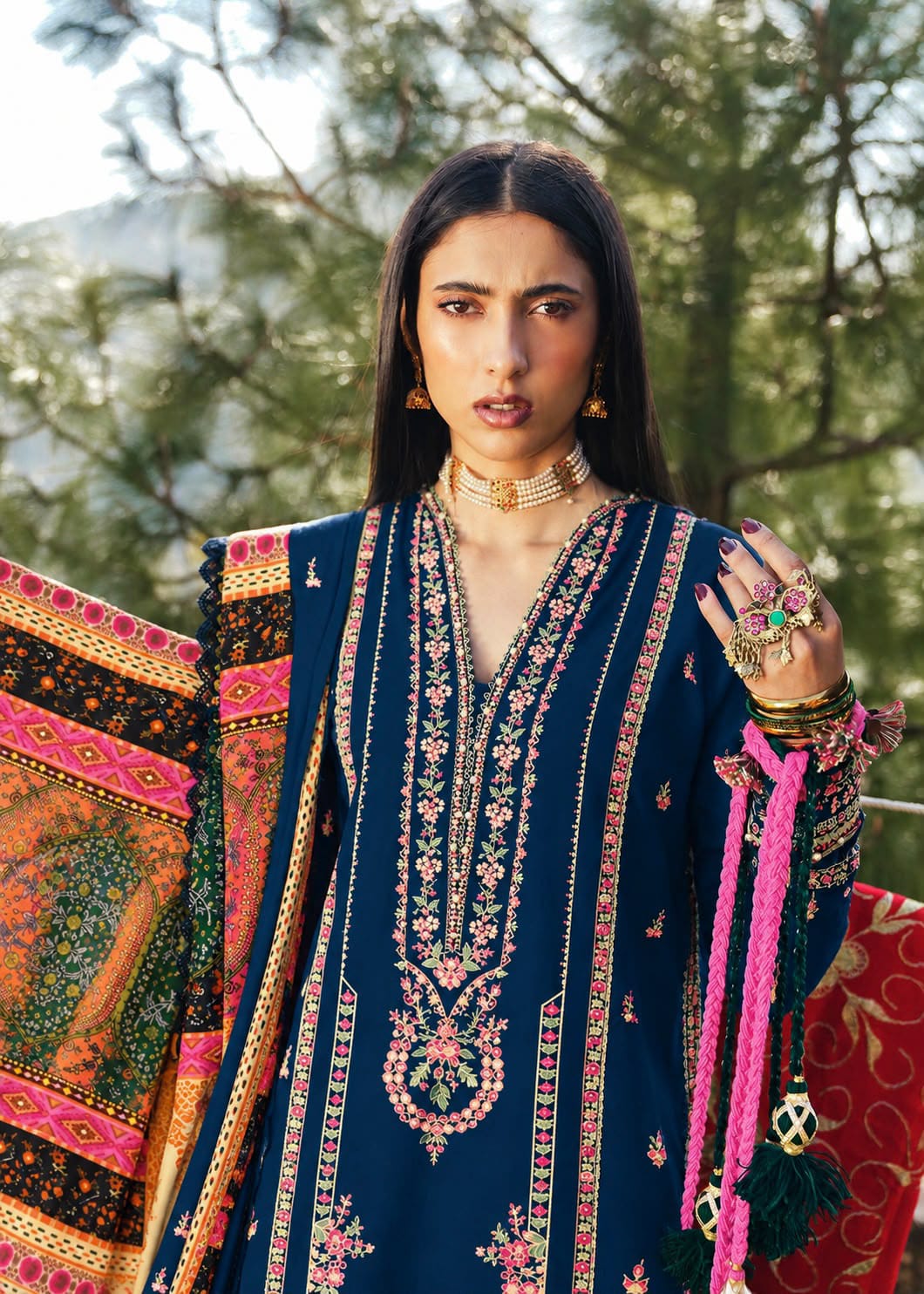 Floral Shawl Dhanak — 3-Piece Unstitched Suit; supplied design and embroidery detail 3.