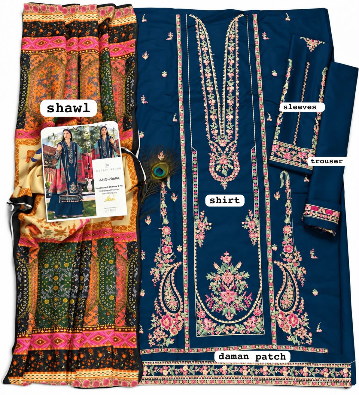 Floral Shawl Dhanak — 3-Piece Unstitched Suit in Navy; supplied design and embroidery detail 4.