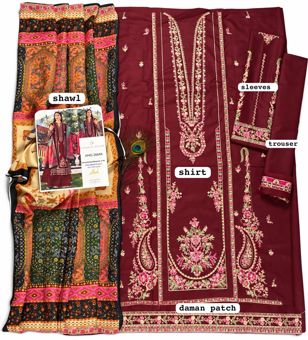 Floral Shawl Dhanak — 3-Piece Unstitched Suit in Maroon; supplied design and embroidery detail 5.