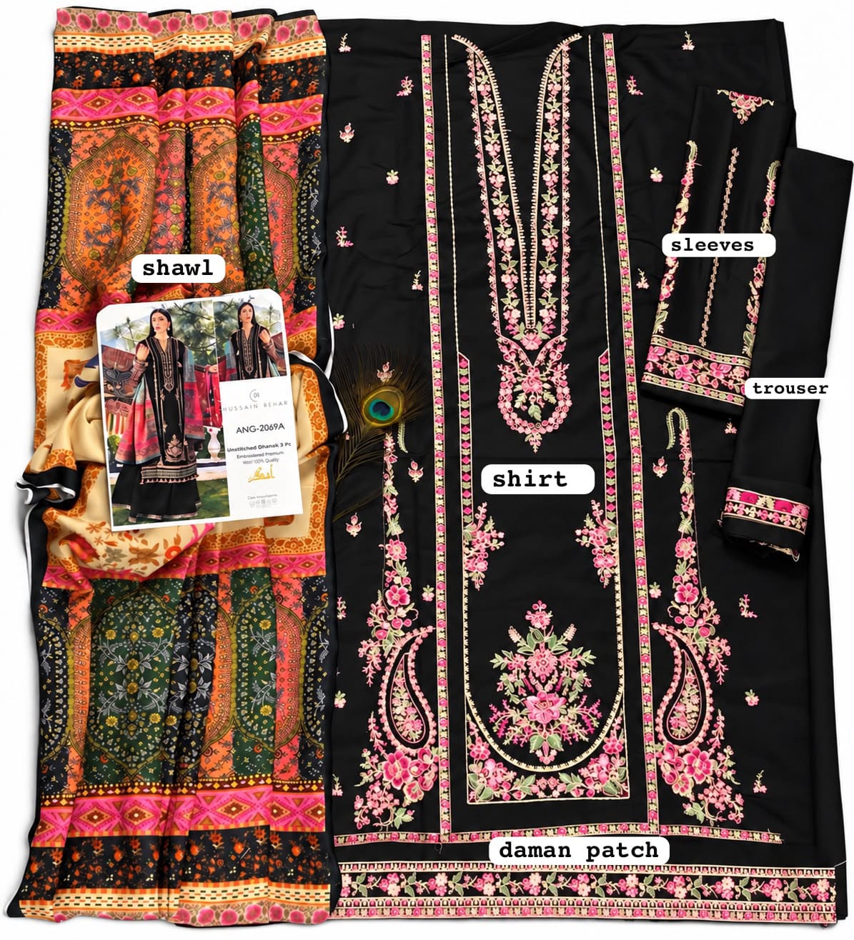 Floral Shawl Dhanak — 3-Piece Unstitched Suit in Black; supplied design and embroidery detail 6.