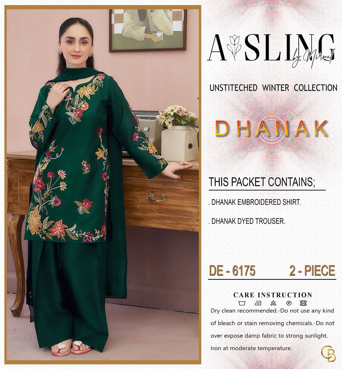 6175 Emerald Dhanak — 2-Piece Unstitched Suit; supplied design and embroidery detail 1.