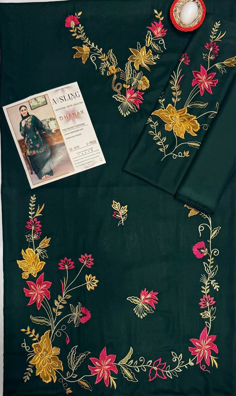 6175 Emerald Dhanak — 2-Piece Unstitched Suit in Emerald Green; supplied design and embroidery detail 3.
