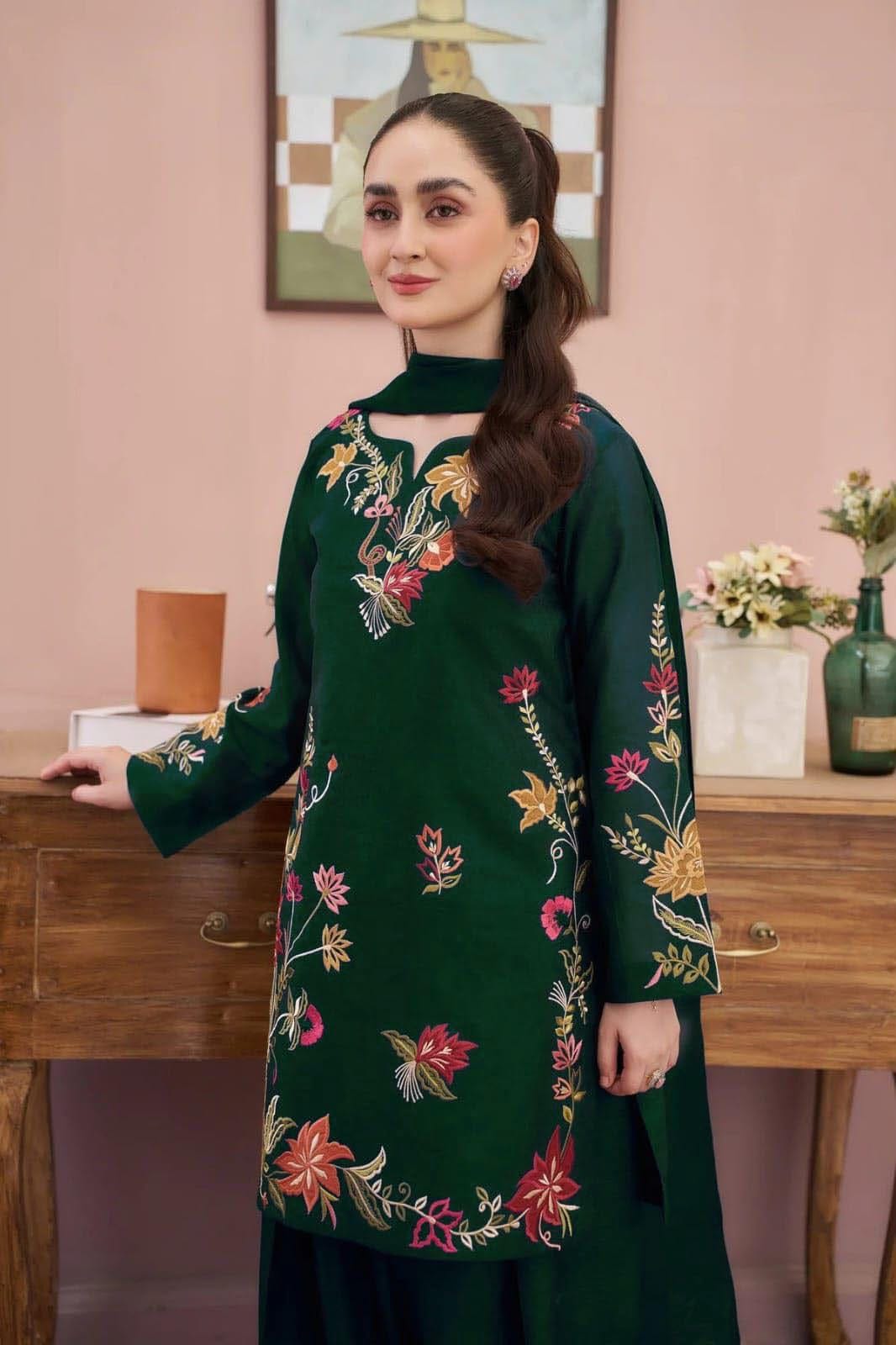 6175 Emerald Dhanak — 2-Piece Unstitched Suit; model styling view 4.