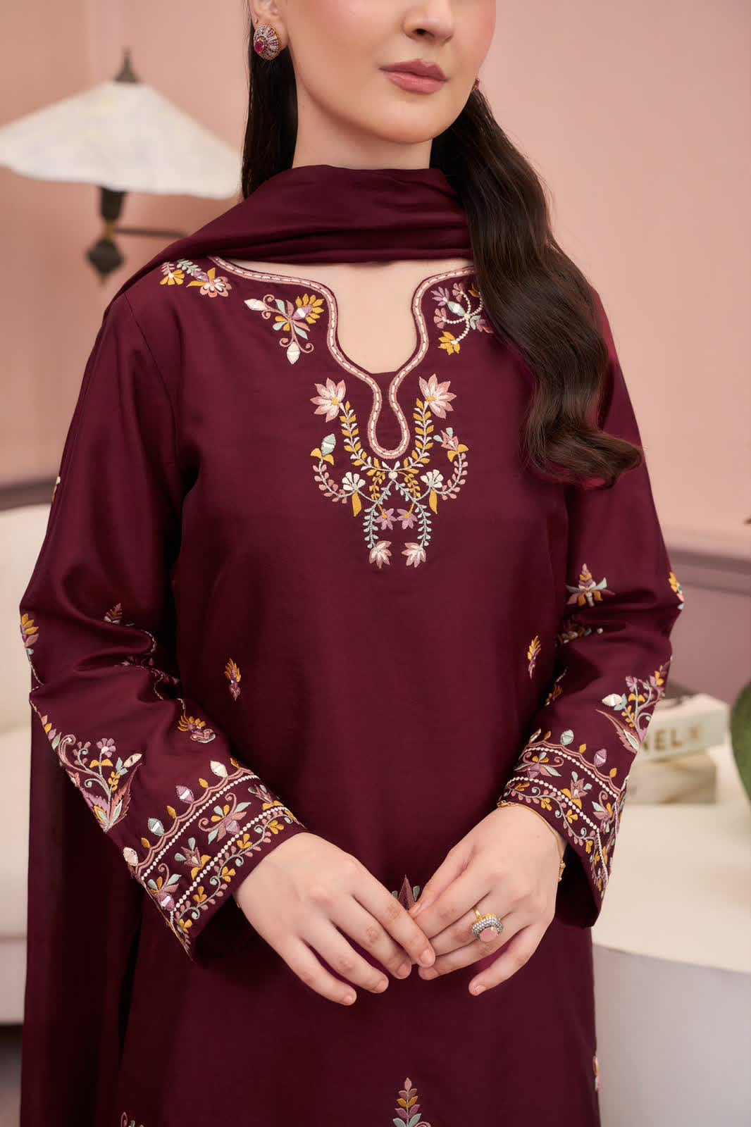 6218 Burgundy Dhanak — 2-Piece Unstitched Suit; supplied design and embroidery detail 1.