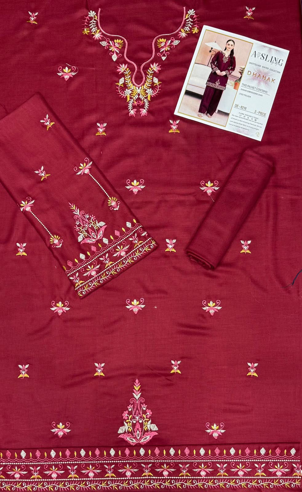 6218 Burgundy Dhanak — 2-Piece Unstitched Suit in Burgundy; supplied design and embroidery detail 3.