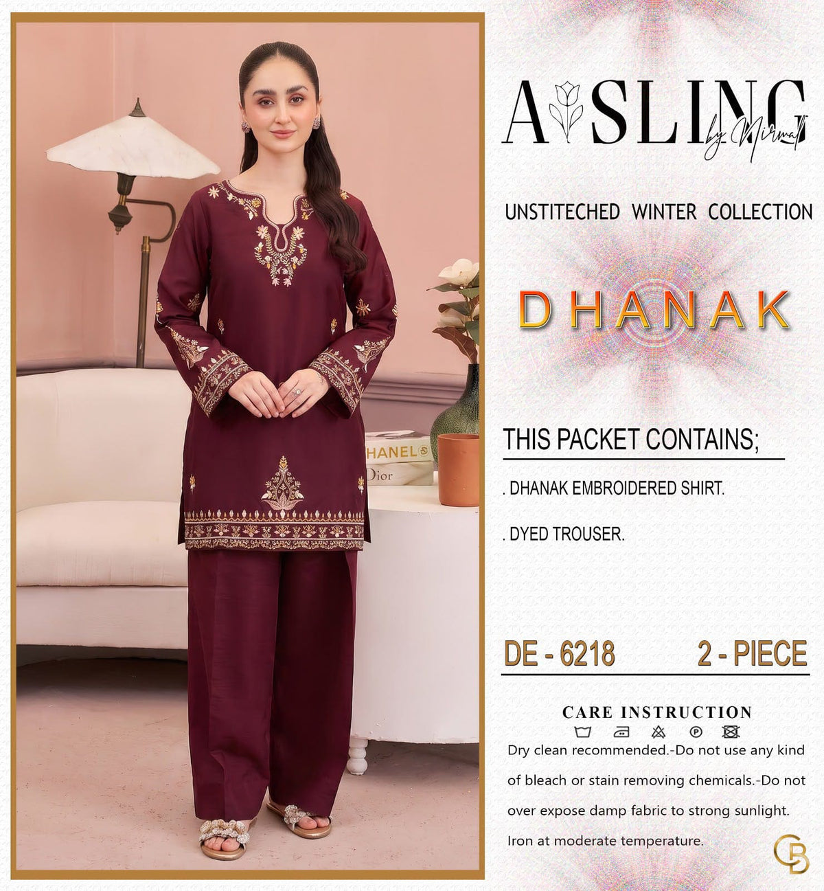 6218 Burgundy Dhanak — 2-Piece Unstitched Suit; model styling view 4.