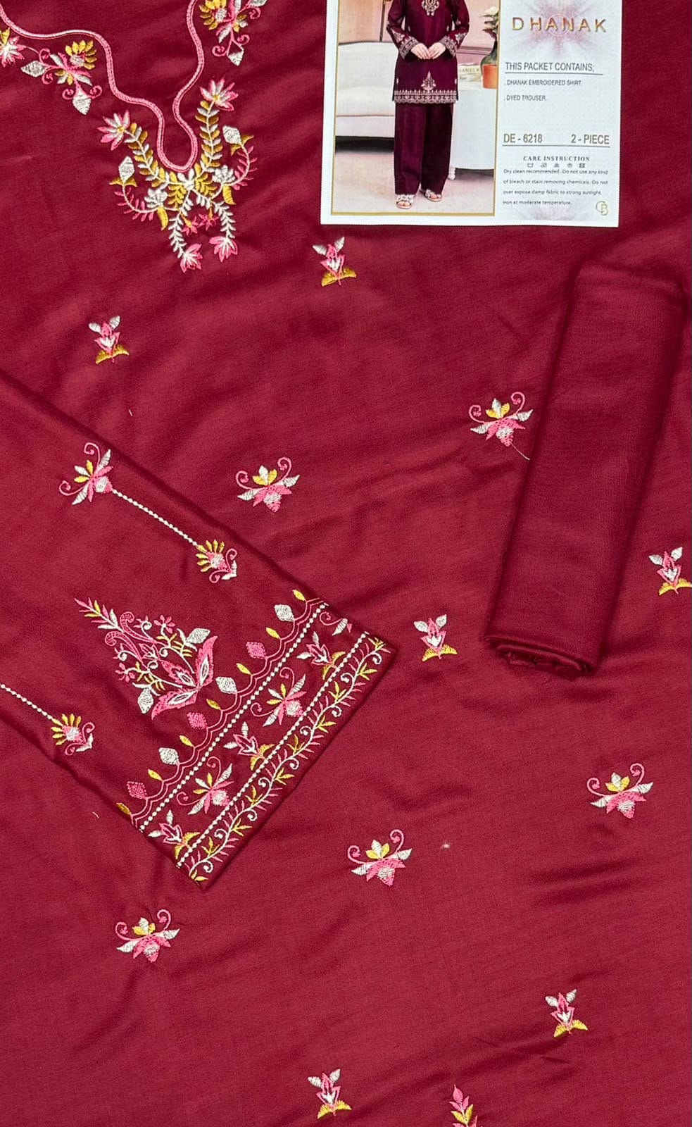 6218 Burgundy Dhanak — 2-Piece Unstitched Suit; supplied design and embroidery detail 5.