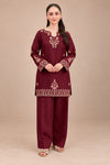 6218 Burgundy Dhanak - 2-Piece Unstitched Suit; front view showing the supplied design as a tailoring presentation.