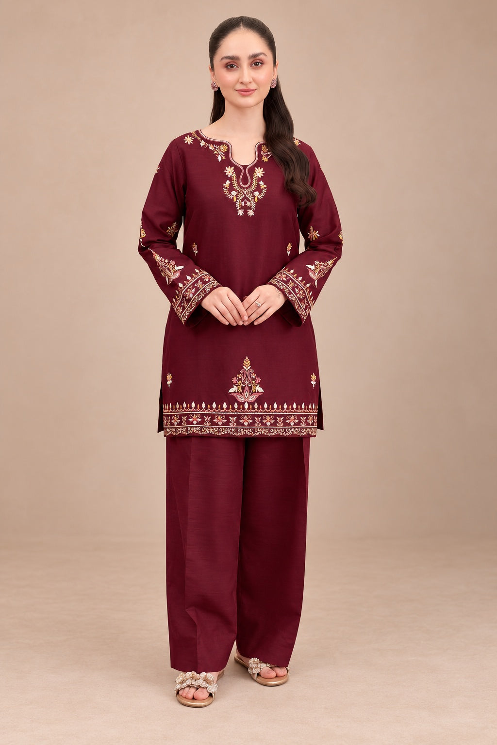 6218 Burgundy Dhanak - 2-Piece Unstitched Suit; front view showing the supplied design as a tailoring presentation.