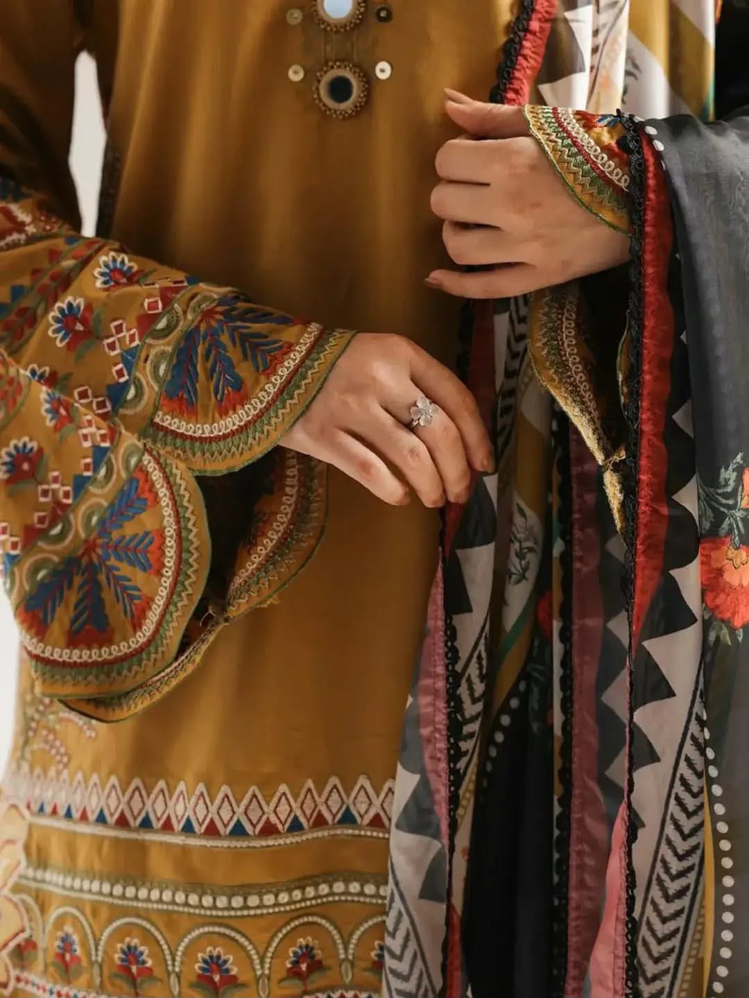 6534 Mustard Dhanak — 3-Piece Unstitched Suit; supplied design and embroidery detail 1.