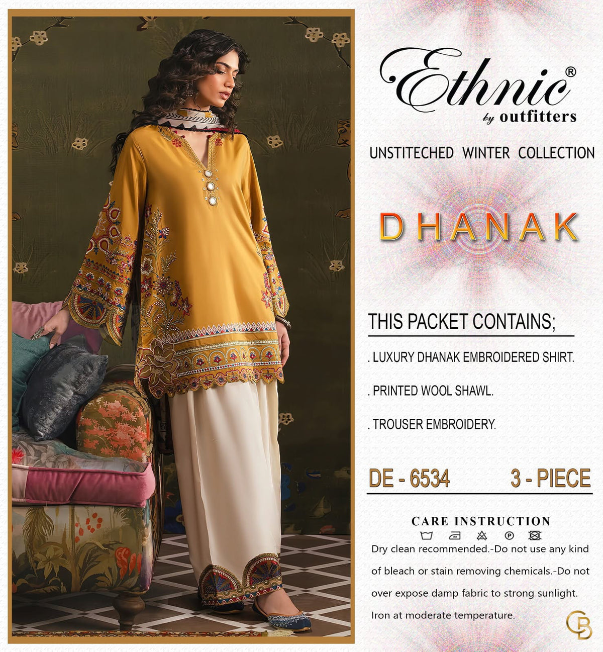 6534 Mustard Dhanak - 3-Piece Unstitched Suit; original photograph 2, supplied unstitched.