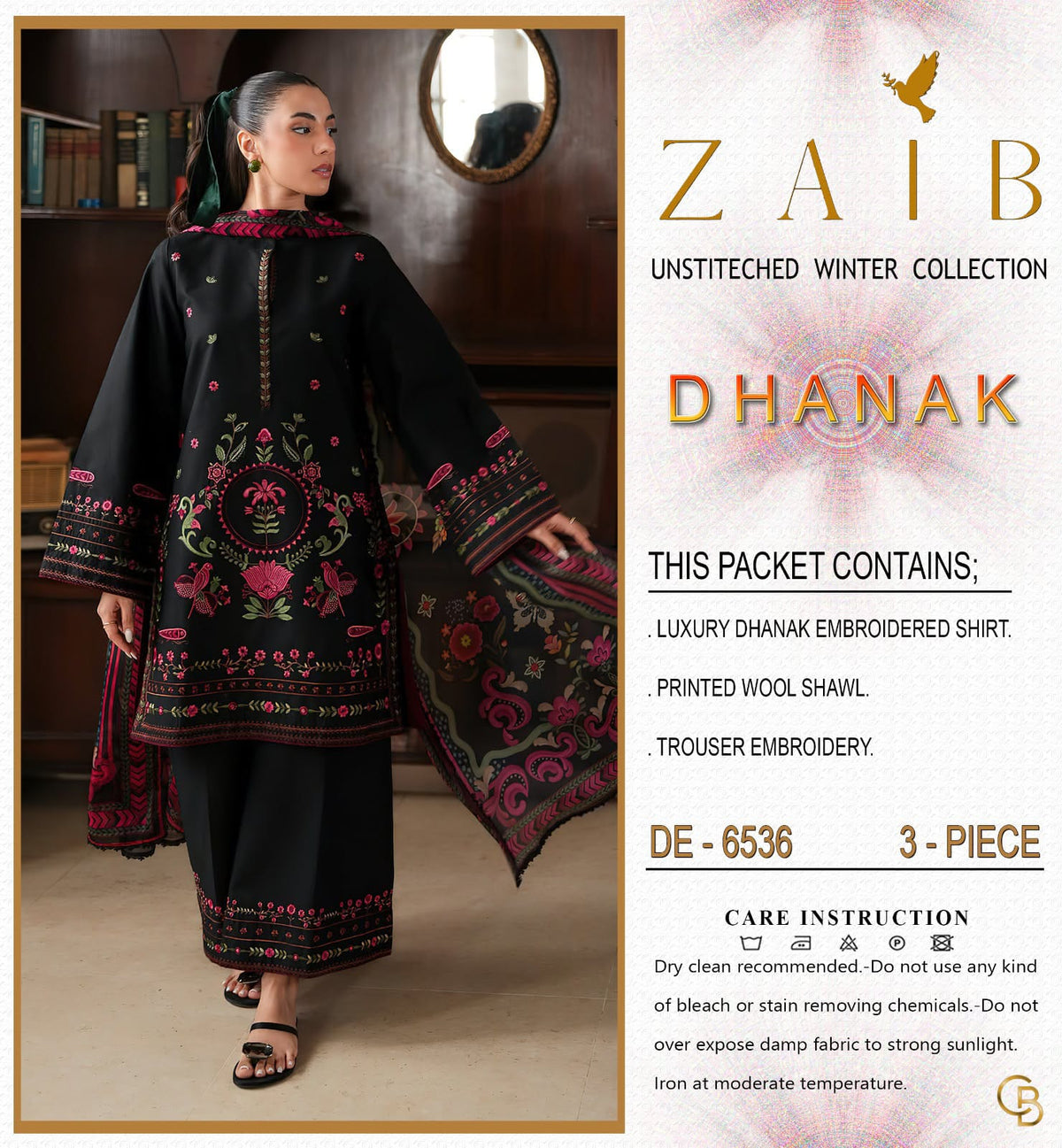 6536 Black & Rose Dhanak - 3-Piece Unstitched Suit; original photograph 1, supplied unstitched.