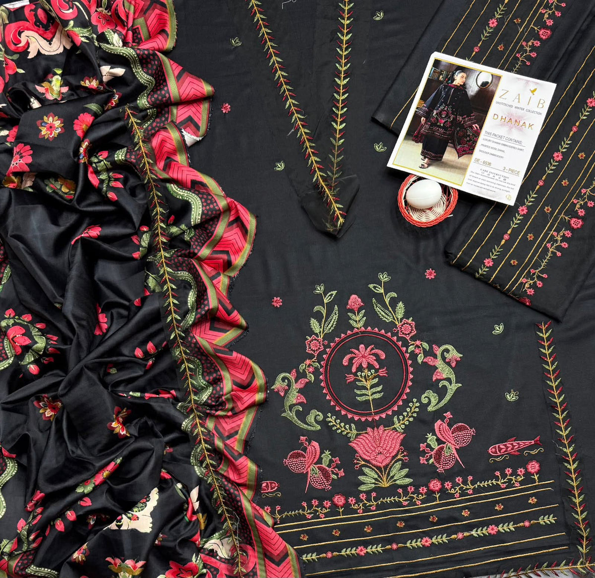 6536 Black & Rose Dhanak - 3-Piece Unstitched Suit; original photograph 2, supplied unstitched.