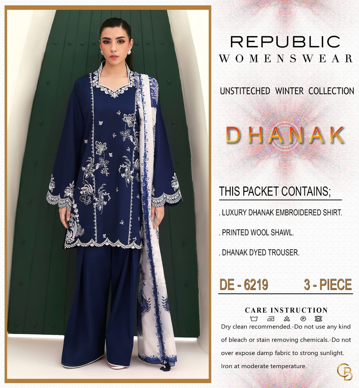 6219 Navy & Ivory Dhanak - 3-Piece Unstitched Suit; original photograph 2, supplied unstitched.