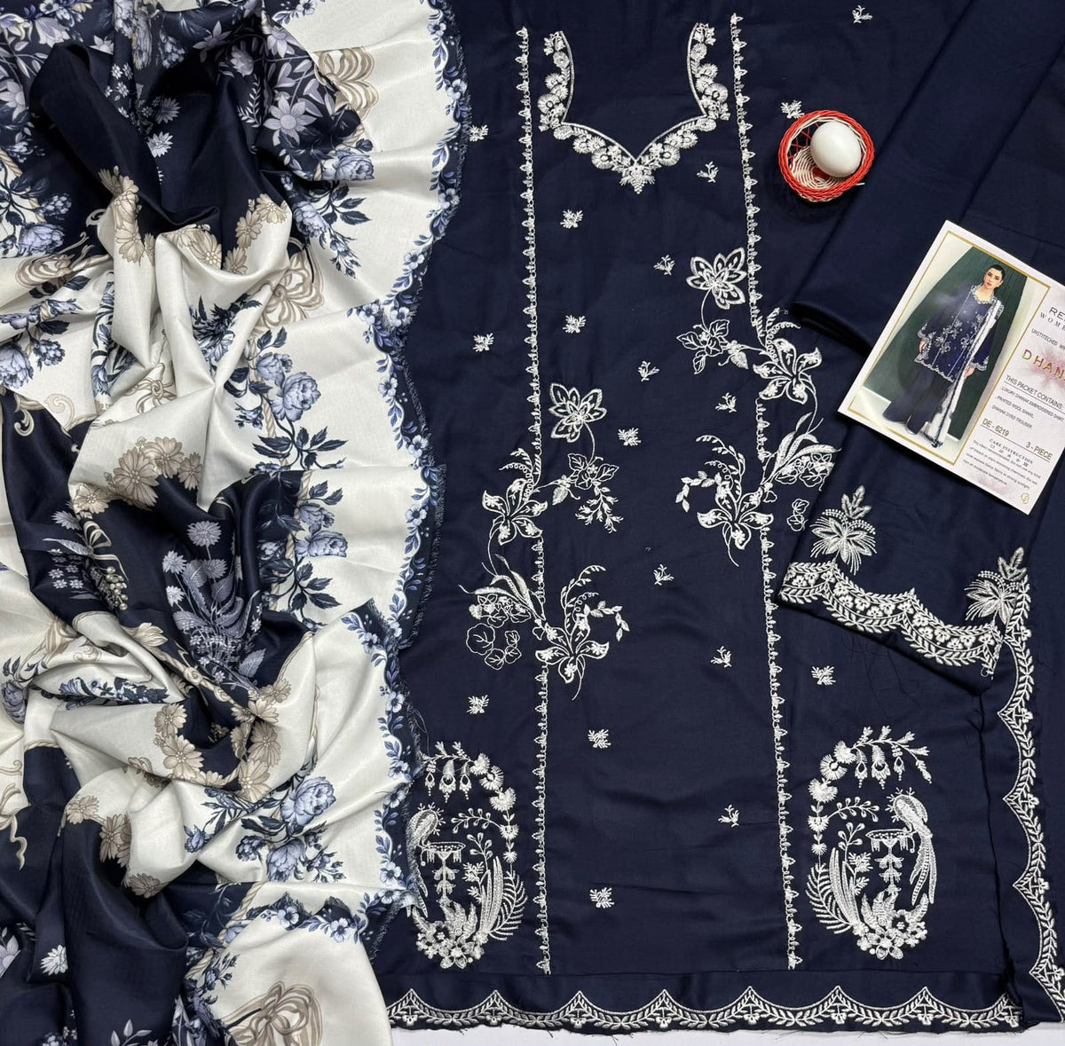 6219 Navy & Ivory Dhanak - 3-Piece Unstitched Suit; original photograph 5, supplied unstitched.