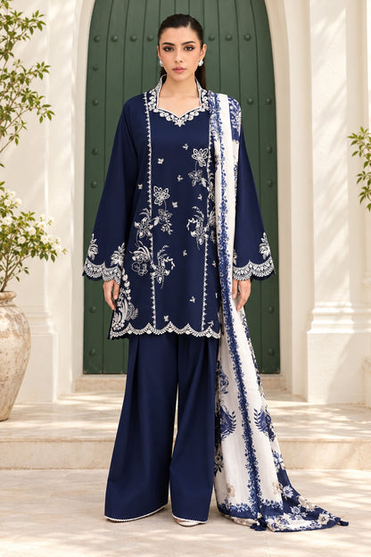 6219 Navy & Ivory Dhanak - 3-Piece Unstitched Suit; front view showing the supplied design as a tailoring presentation.