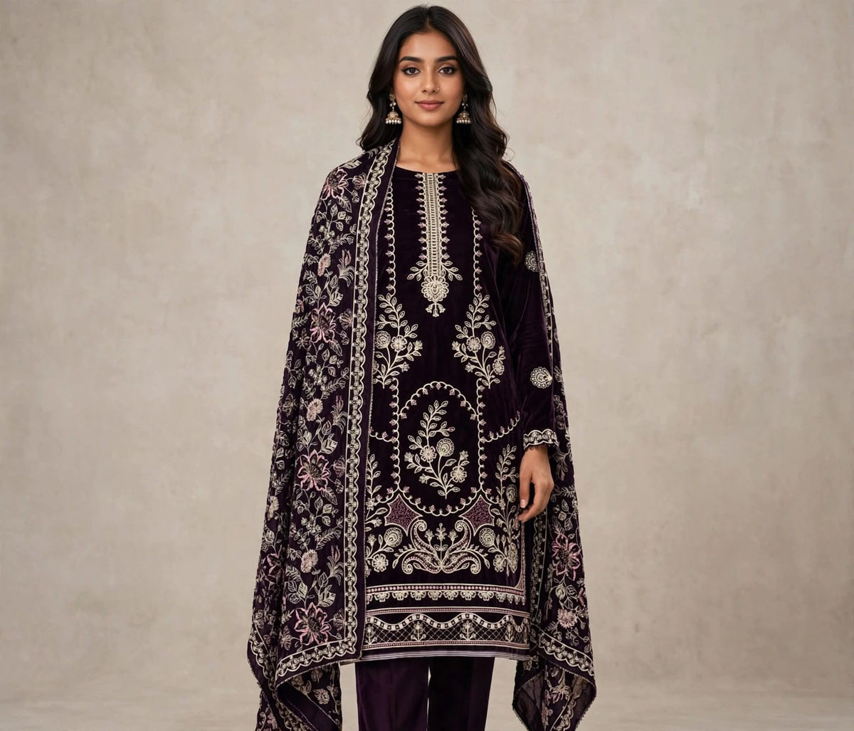 Ornate Embroidered Velvet - 3-Piece Unstitched Suit; original photograph 1, supplied unstitched.