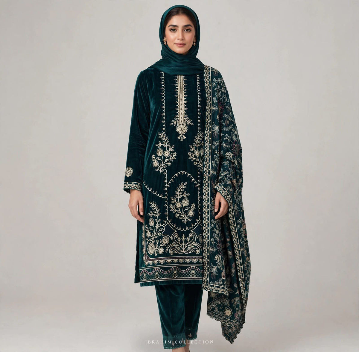 Ornate Embroidered Velvet - 3-Piece Unstitched Suit; original photograph 5, supplied unstitched.