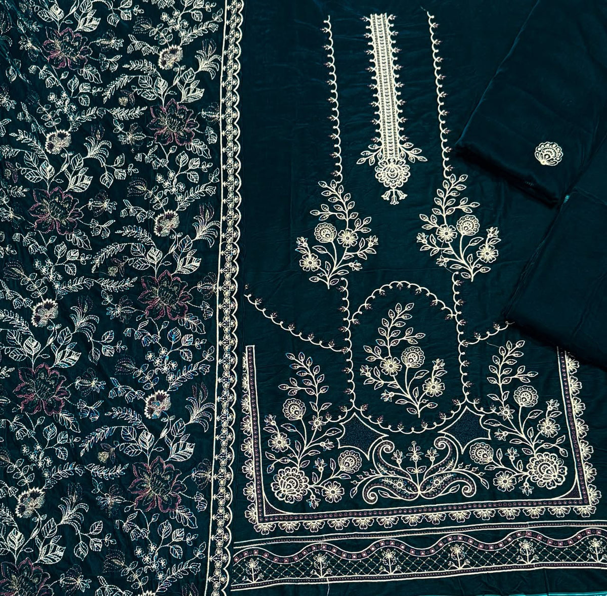 Ornate Embroidered Velvet - 3-Piece Unstitched Suit; original photograph 6, supplied unstitched.