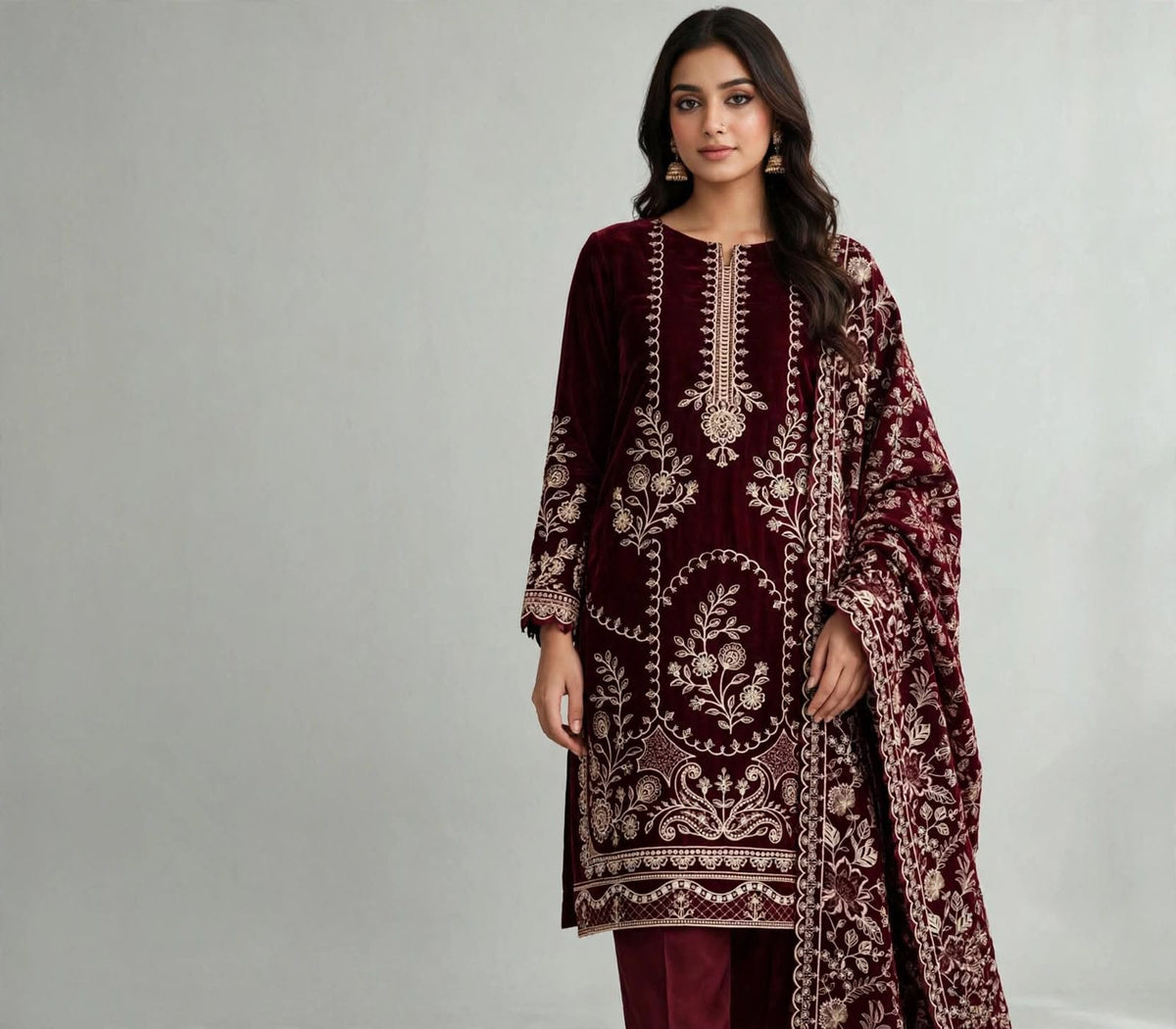 Ornate Embroidered Velvet - 3-Piece Unstitched Suit; original photograph 9, supplied unstitched.