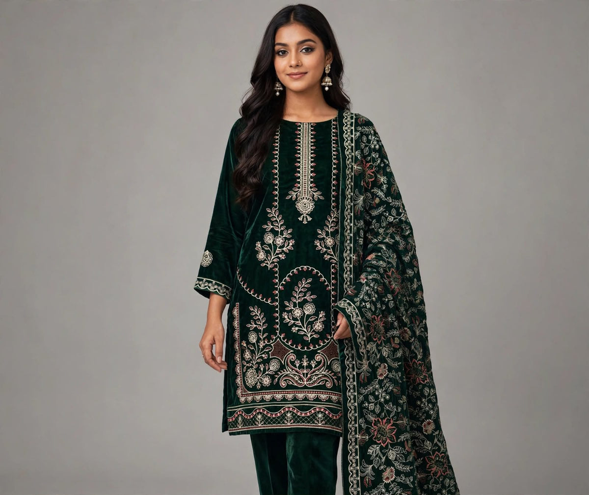 Ornate Embroidered Velvet - 3-Piece Unstitched Suit; original photograph 14, supplied unstitched.