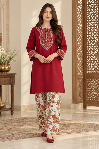 Embroidered Neckline Dhanak - 2-Piece Unstitched Suit; front view showing the supplied design as a tailoring presentation.