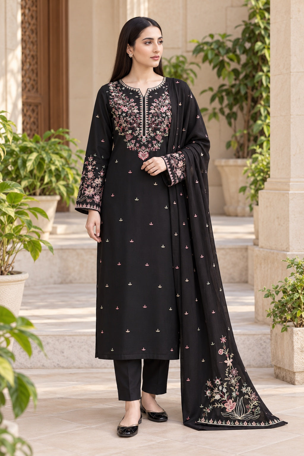 VOL-108 Floral Dhanak - 3-Piece Unstitched Suit; front view showing the supplied design as a tailoring presentation.