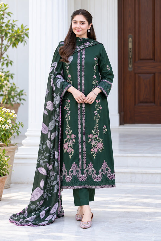 Forest Green Dhanak - 3-Piece Unstitched Suit; front view showing the supplied design as a tailoring presentation.