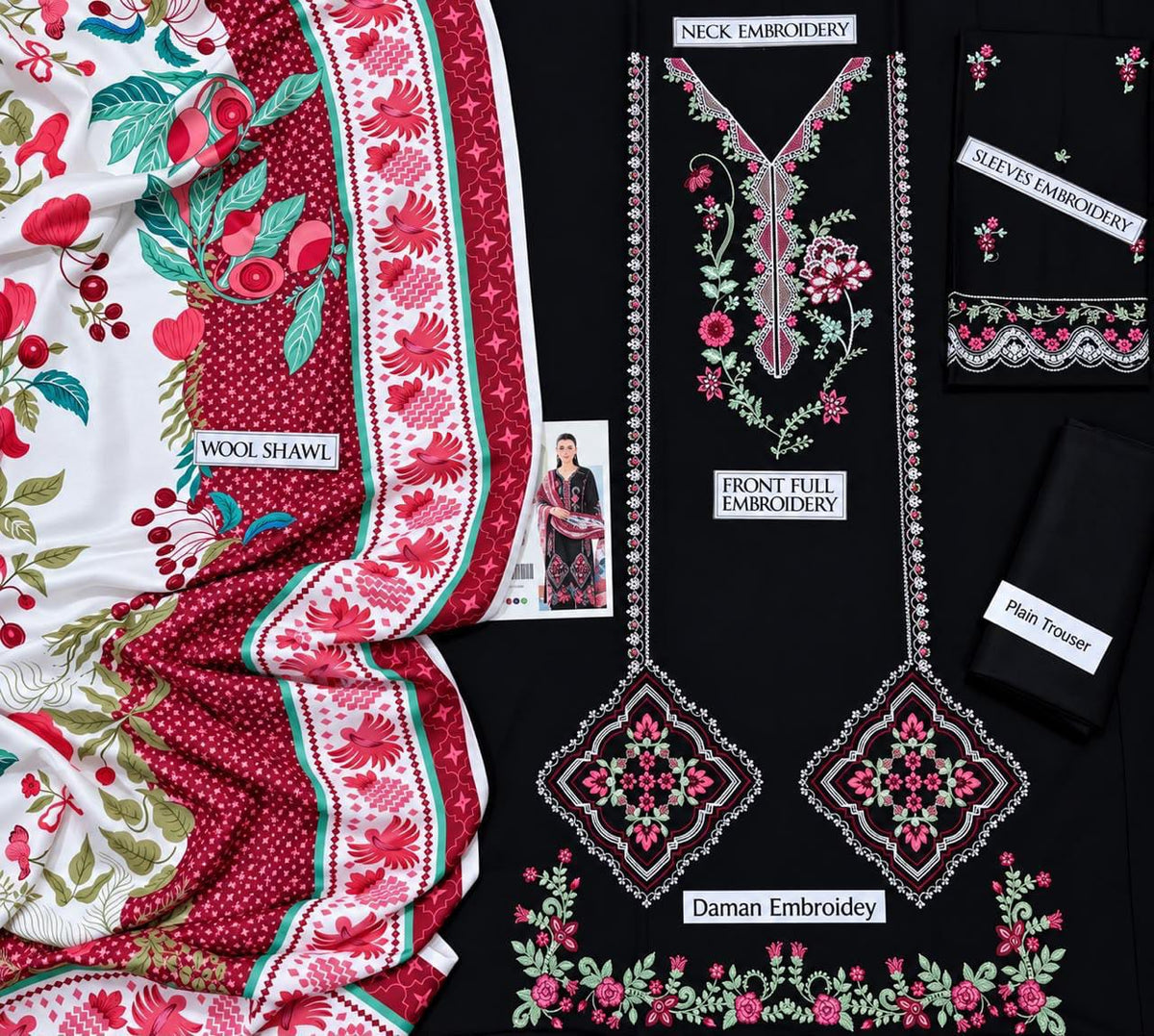 Floral Wool Shawl Dhanak - 3-Piece Unstitched Collection; original photograph 2, supplied unstitched.