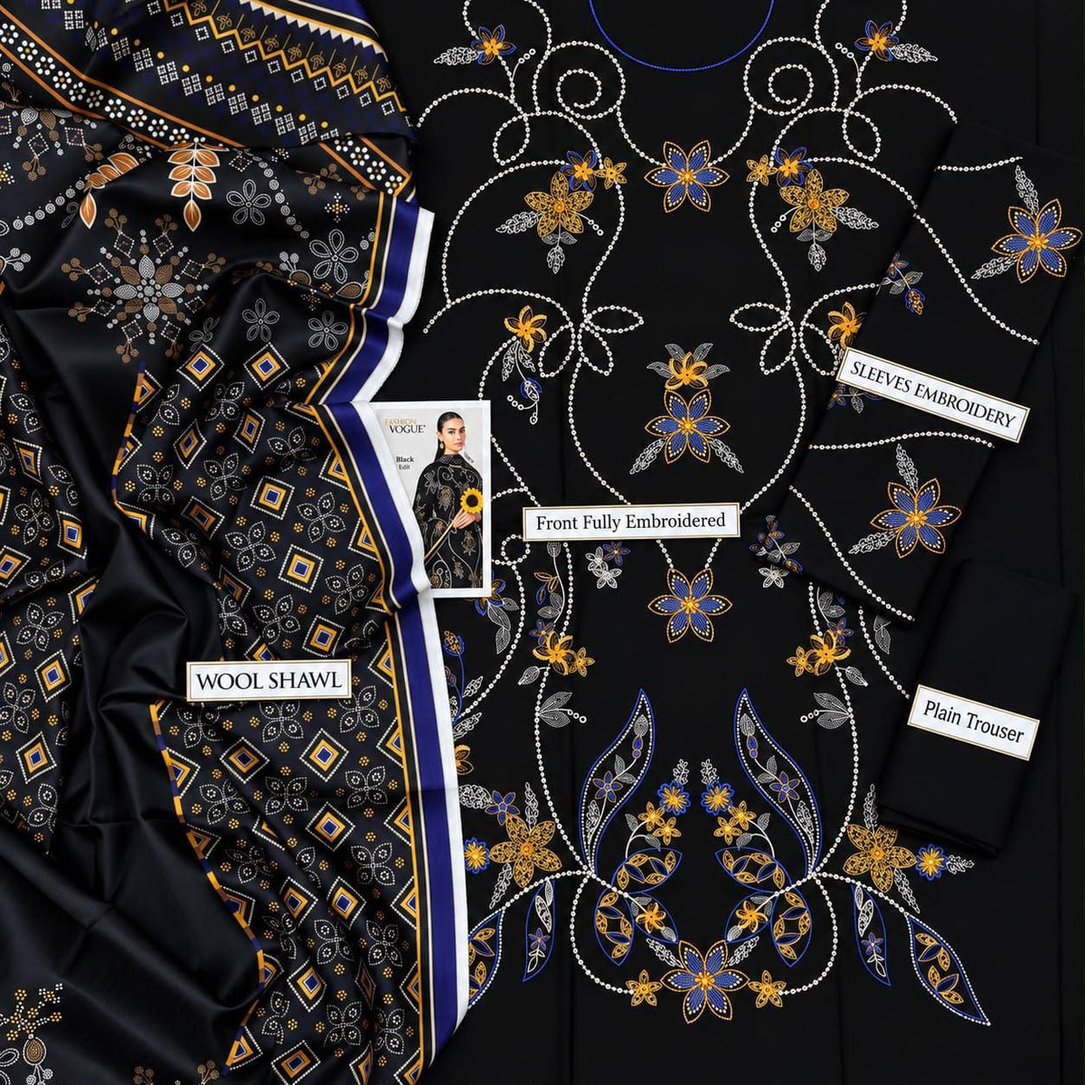 Floral Wool Shawl Dhanak - 3-Piece Unstitched Collection; original photograph 3, supplied unstitched.
