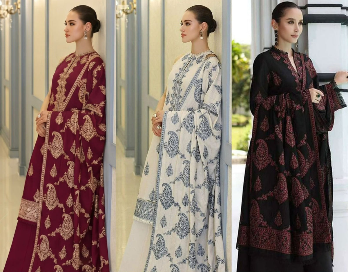 Motif Embroidered Dhanak - 3-Piece Unstitched Suit; original photograph 1, supplied unstitched.