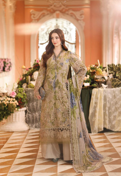 Olive Floral Chiffon - 3-Piece Unstitched Suit; front model photograph.