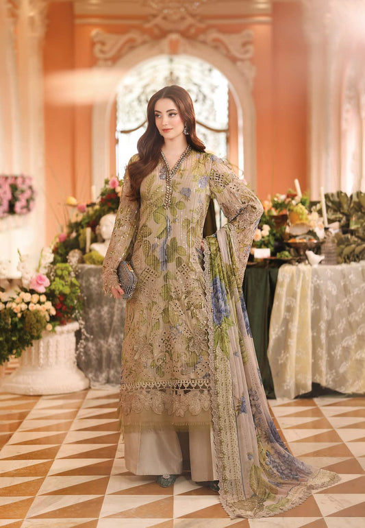 Olive Floral Chiffon - 3-Piece Unstitched Suit; front model photograph.