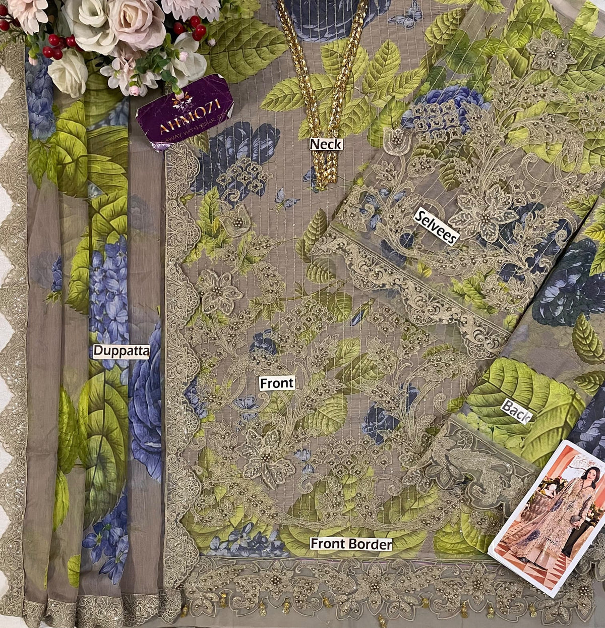 Olive Floral Chiffon - 3-Piece Unstitched Suit; original photograph 4, supplied unstitched.