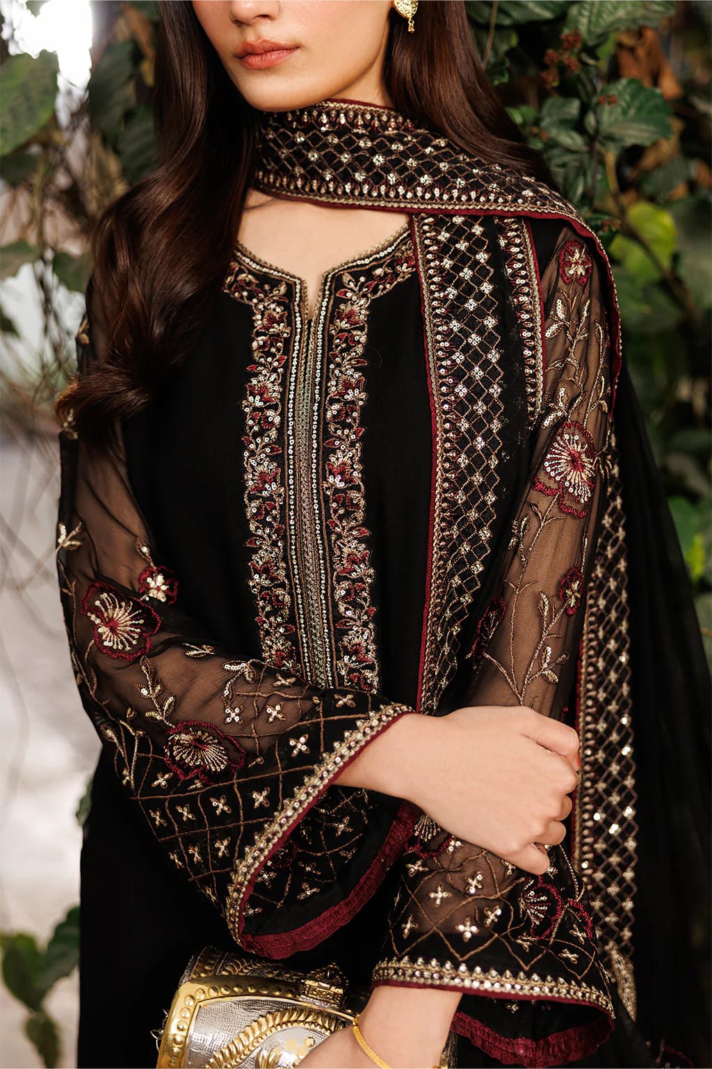 Black Chiffon & Burgundy Silk - 3-Piece Unstitched Suit; original photograph 1, supplied unstitched.