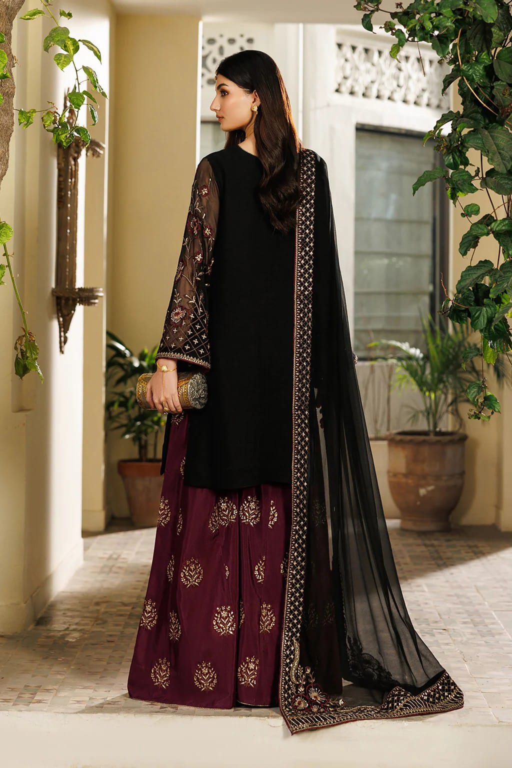 Black Chiffon & Burgundy Silk - 3-Piece Unstitched Suit; original photograph 2, supplied unstitched.