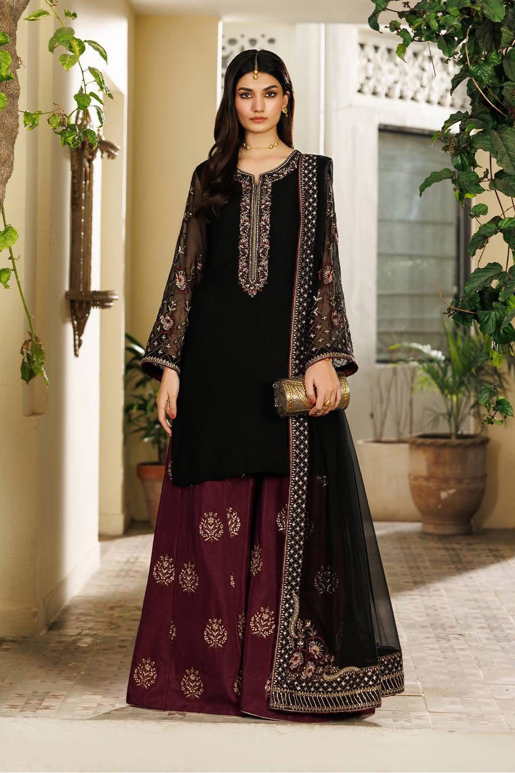 Black Chiffon & Burgundy Silk - 3-Piece Unstitched Suit; original photograph 3, supplied unstitched.
