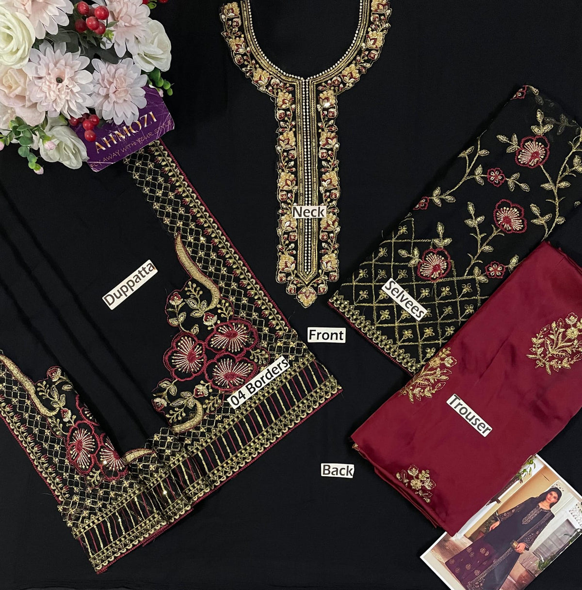 Black Chiffon & Burgundy Silk - 3-Piece Unstitched Suit; original photograph 4, supplied unstitched.