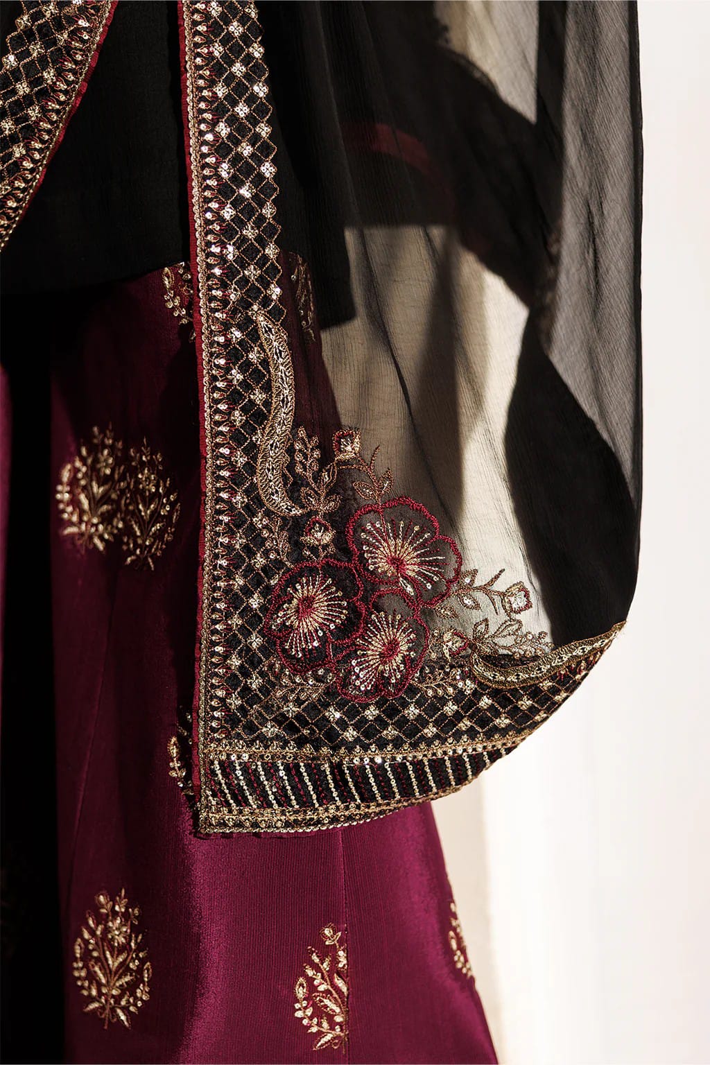 Black Chiffon & Burgundy Silk - 3-Piece Unstitched Suit; original photograph 6, supplied unstitched.