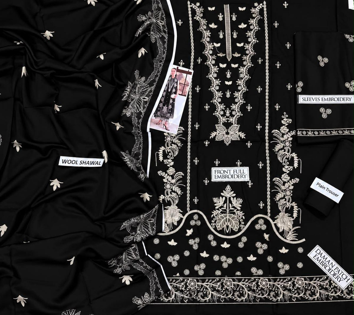 Contrast Embroidered Dhanak with Printed Wool Shawl - 3-Piece Unstitched Suit — original fabric or styling detail 1.