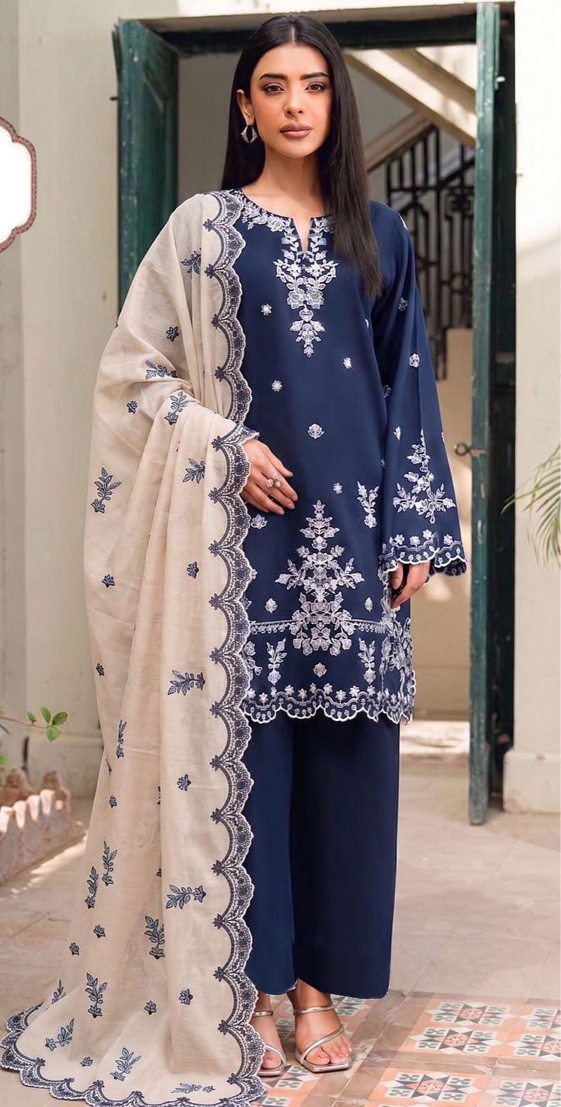 Contrast Embroidered Dhanak with Printed Wool Shawl - 3-Piece Unstitched Suit — original fabric or styling detail 2.