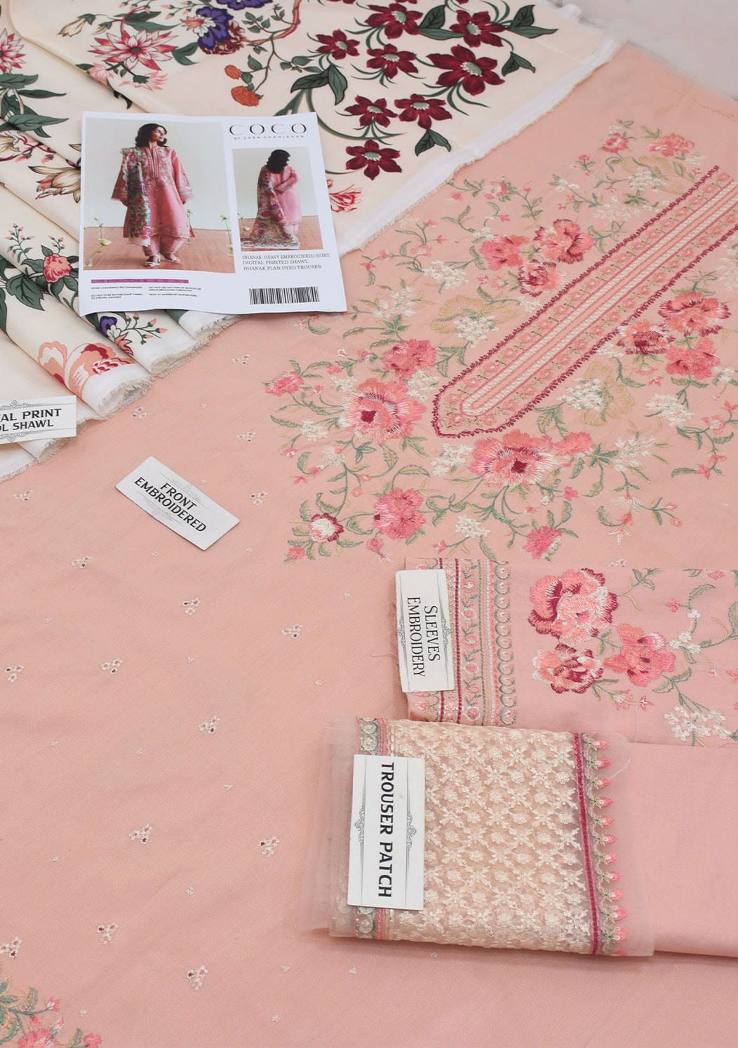 Blush embroidered Dhanak unstitched three-piece suit; supplied fabric and embroidery detail 1.
