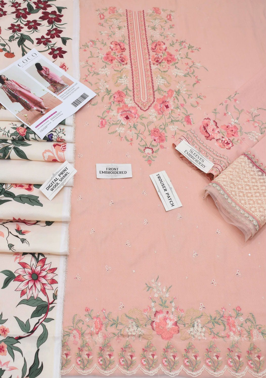 Blush embroidered Dhanak unstitched three-piece suit; supplied fabric and embroidery detail 2.