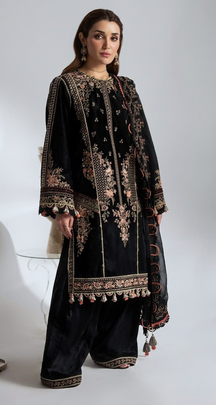 1008 Black Floral Dhanak - 3-Piece Unstitched Suit; Black Floral, original model view.